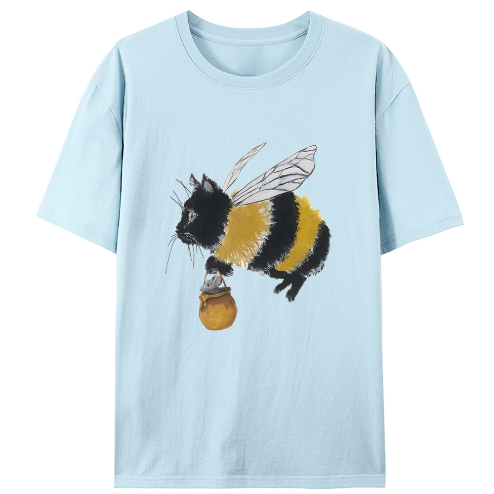 Bee Cat Catching Mouse Retro Designed for Women - Slim Fit Cotton Tee