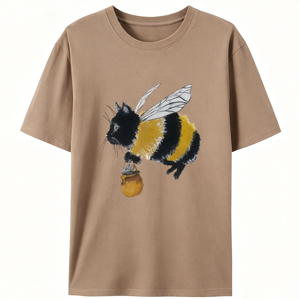 Bee Cat Catching Mouse Retro Designed for Women - Slim Fit Cotton Tee