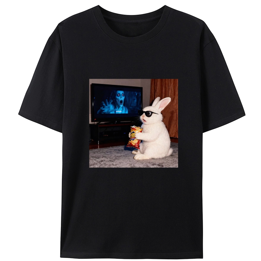 Horror Movie Watching Bunny Retro Designed for Women - Slim Fit Cotton Tee