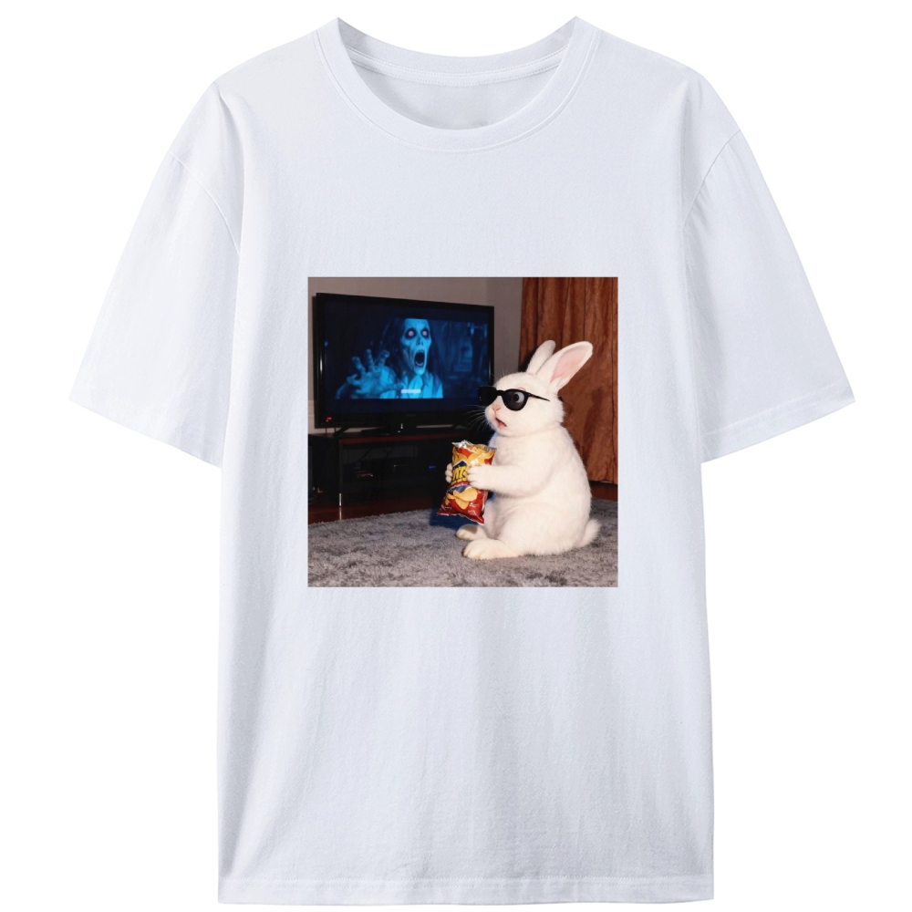 Horror Movie Watching Bunny Retro Designed for Women - Slim Fit Cotton Tee