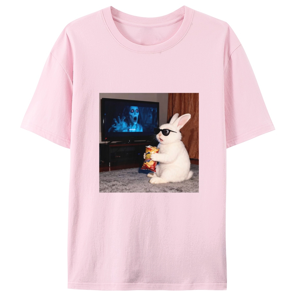 Horror Movie Watching Bunny Retro Designed for Women - Slim Fit Cotton Tee