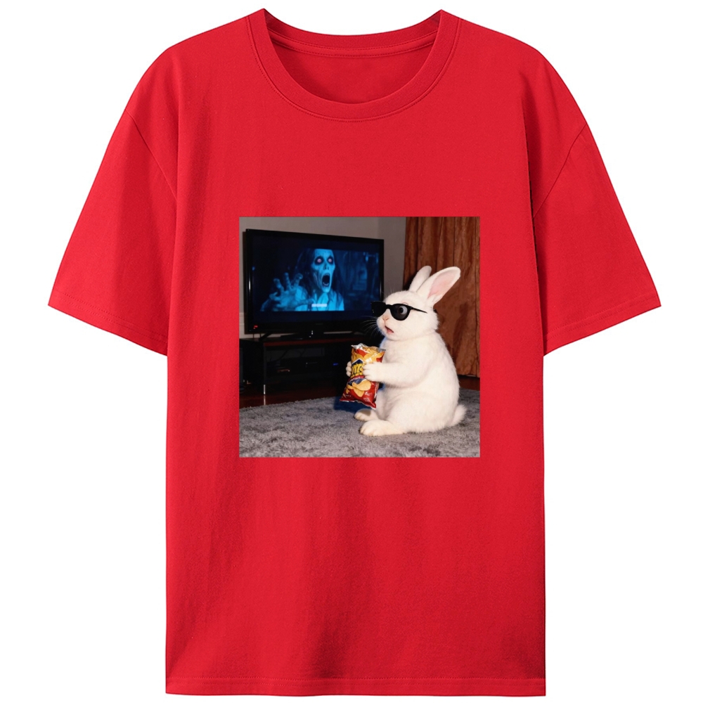 Horror Movie Watching Bunny Retro Designed for Women - Slim Fit Cotton Tee