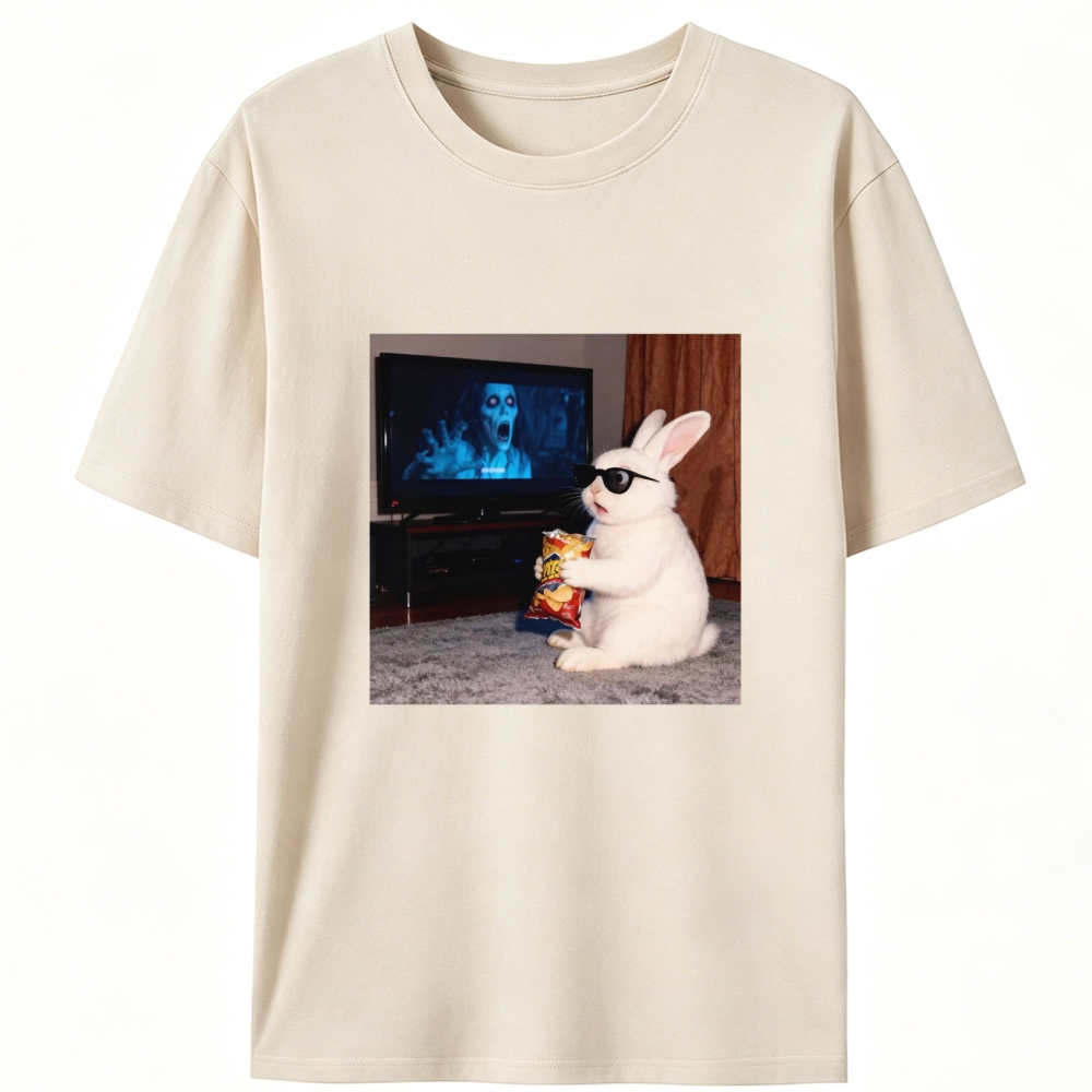 Horror Movie Watching Bunny Retro Designed for Women - Slim Fit Cotton Tee