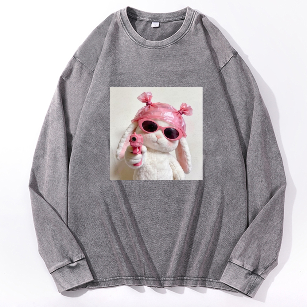 Pink Gun Gangsta Bunny Meme Retro Washed Long Sleeve T-Shirt