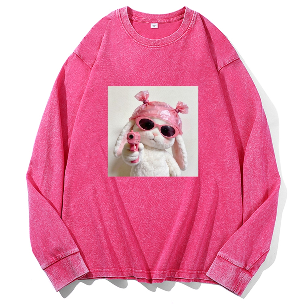 Pink Gun Gangsta Bunny Meme Retro Washed Long Sleeve T-Shirt