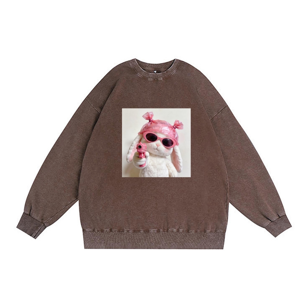Pink Gun Gangsta Bunny Meme Retro Washed Crew Neck Long Sleeve Sweatshirt