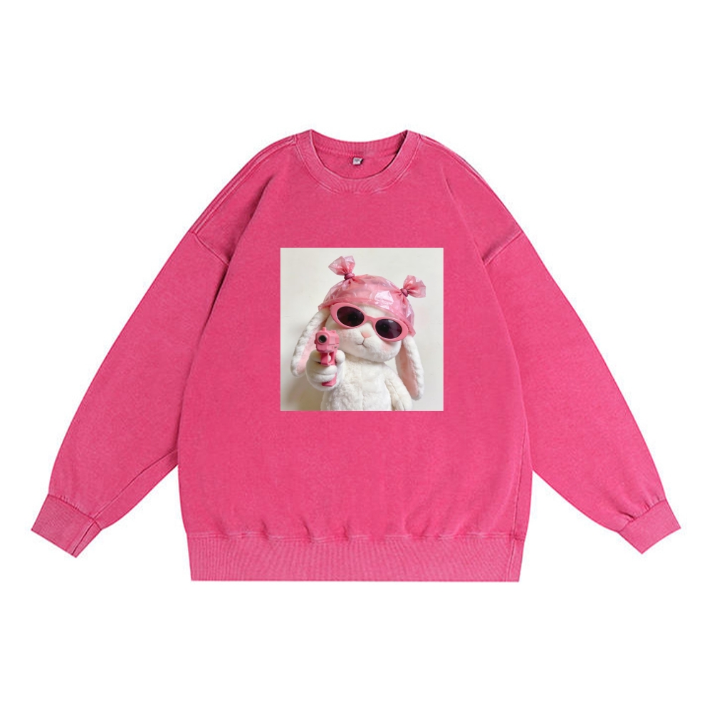 Pink Gun Gangsta Bunny Meme Retro Washed Crew Neck Long Sleeve Sweatshirt