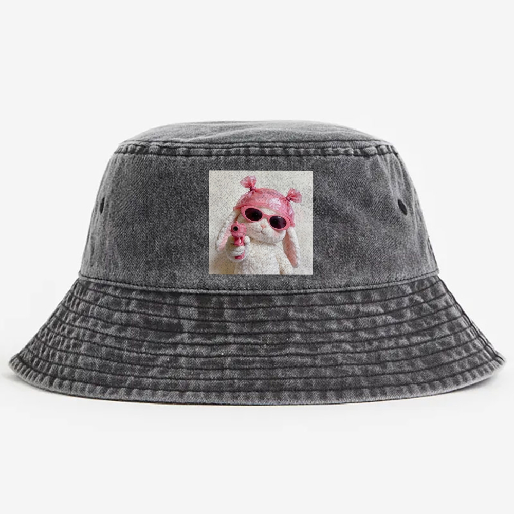 Pink Gun Gangsta Bunny Meme Retro Washed Bucket Hat