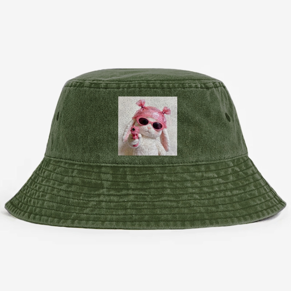 Pink Gun Gangsta Bunny Meme Retro Washed Bucket Hat