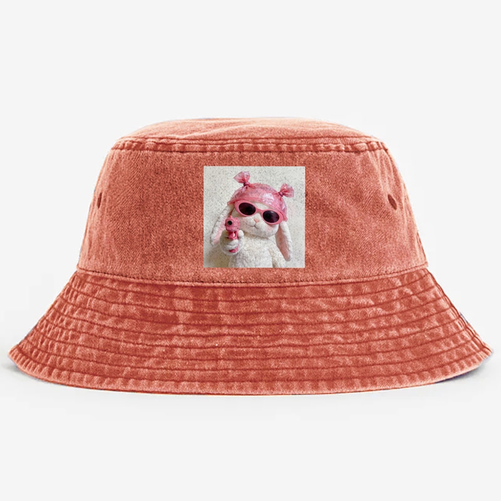 Pink Gun Gangsta Bunny Meme Retro Washed Bucket Hat