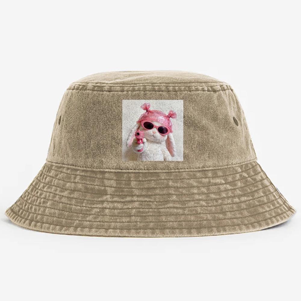 Pink Gun Gangsta Bunny Meme Retro Washed Bucket Hat