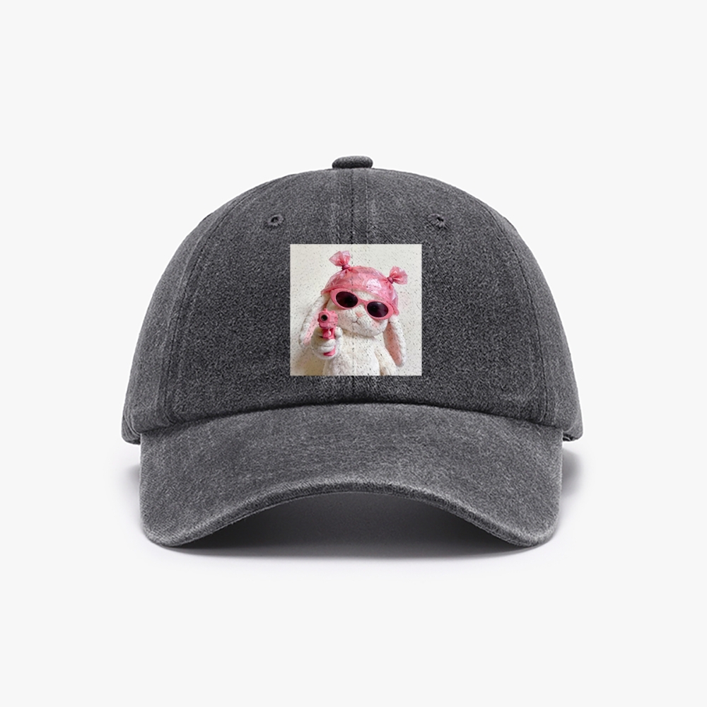 Pink Gun Gangsta Bunny Meme Retro Washed Baseball Cap