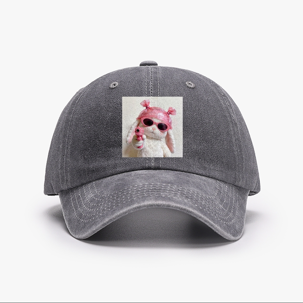 Pink Gun Gangsta Bunny Meme Retro Washed Baseball Cap