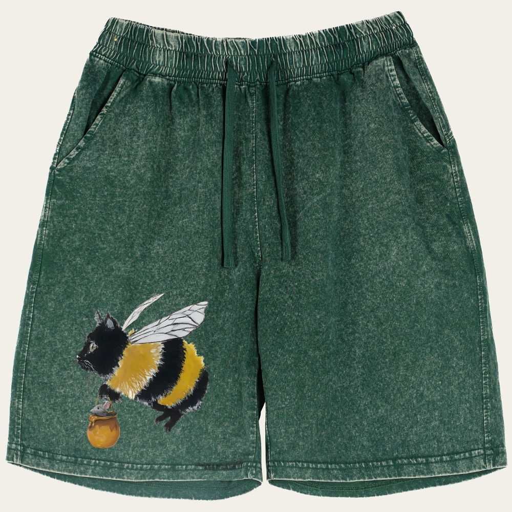 Bee Cat Catching Mouse Retro Washed Shorts