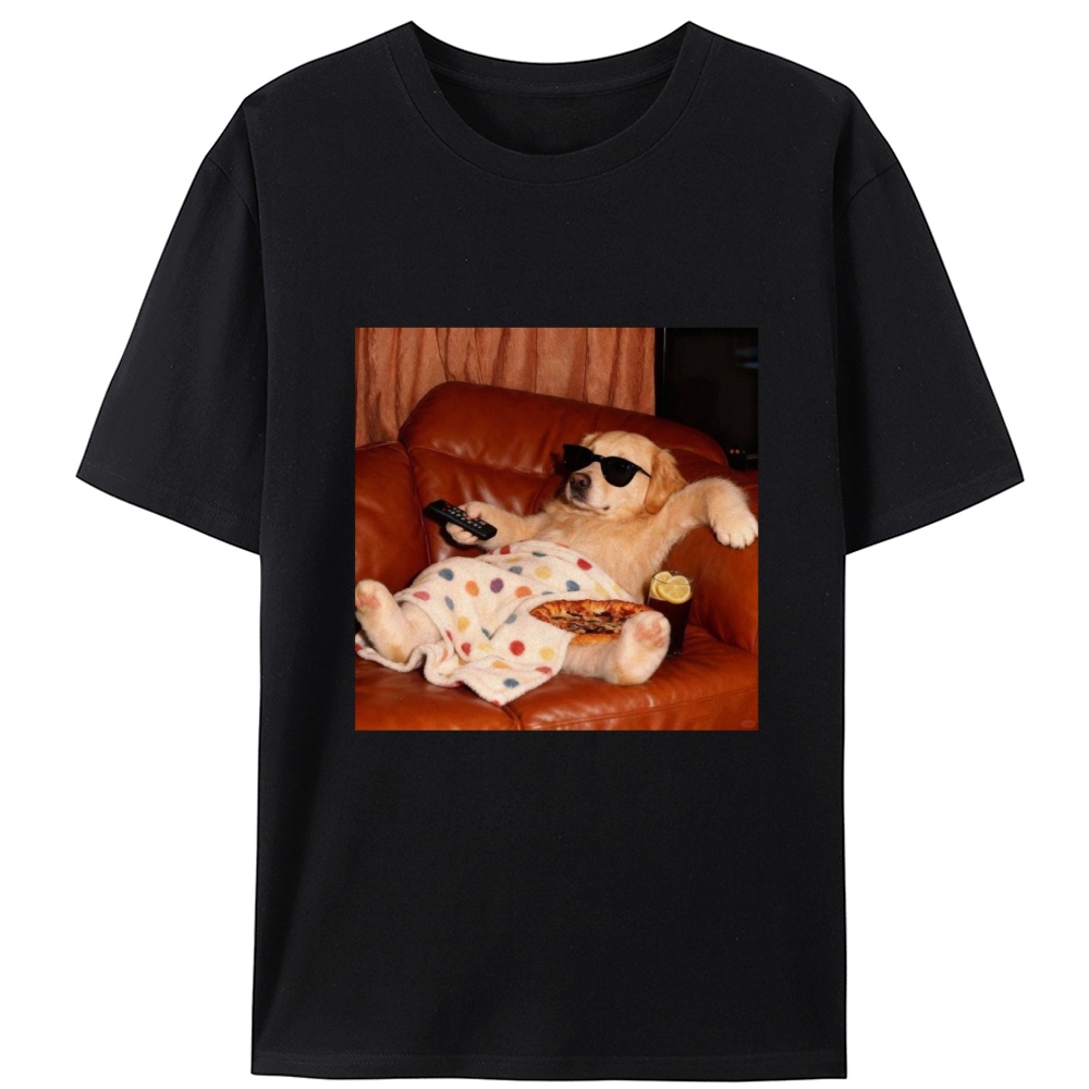 Golden Retriever Relaxing On Couch Retro Designed for Women - Slim Fit Cotton Tee