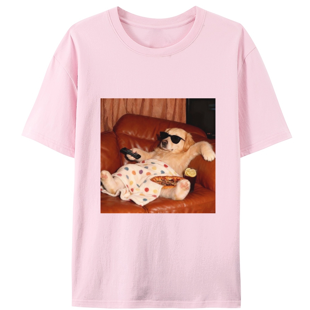 Golden Retriever Relaxing On Couch Retro Designed for Women - Slim Fit Cotton Tee