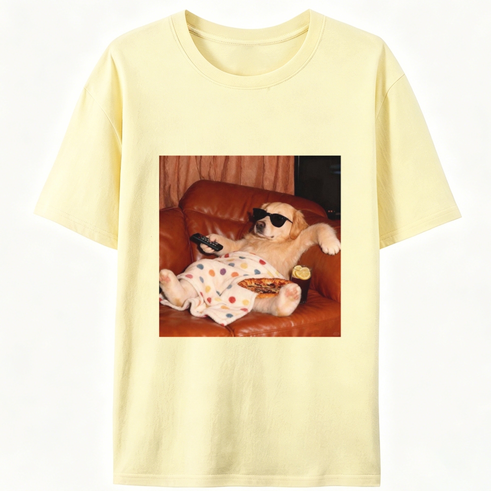Golden Retriever Relaxing On Couch Retro Designed for Women - Slim Fit Cotton Tee
