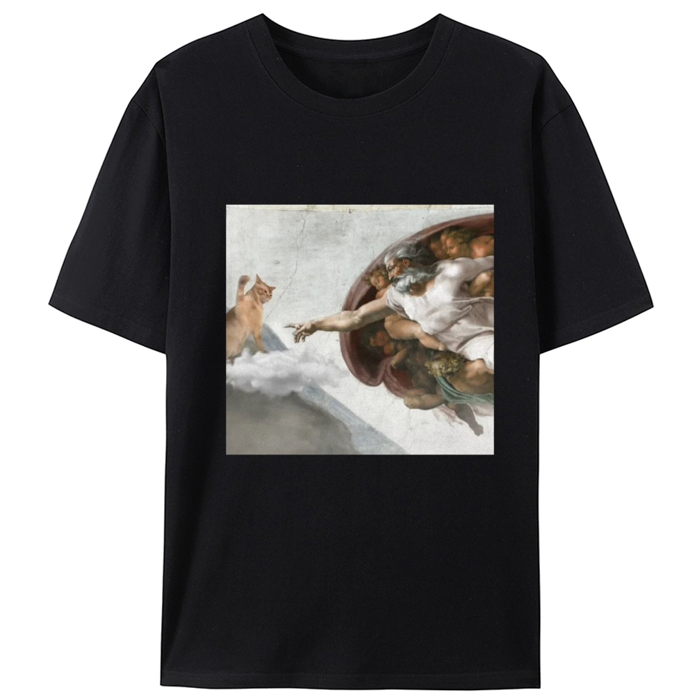 Cat Parody of "The Creation of Adam" Art Retro Designed for Women - Slim Fit Cotton Tee