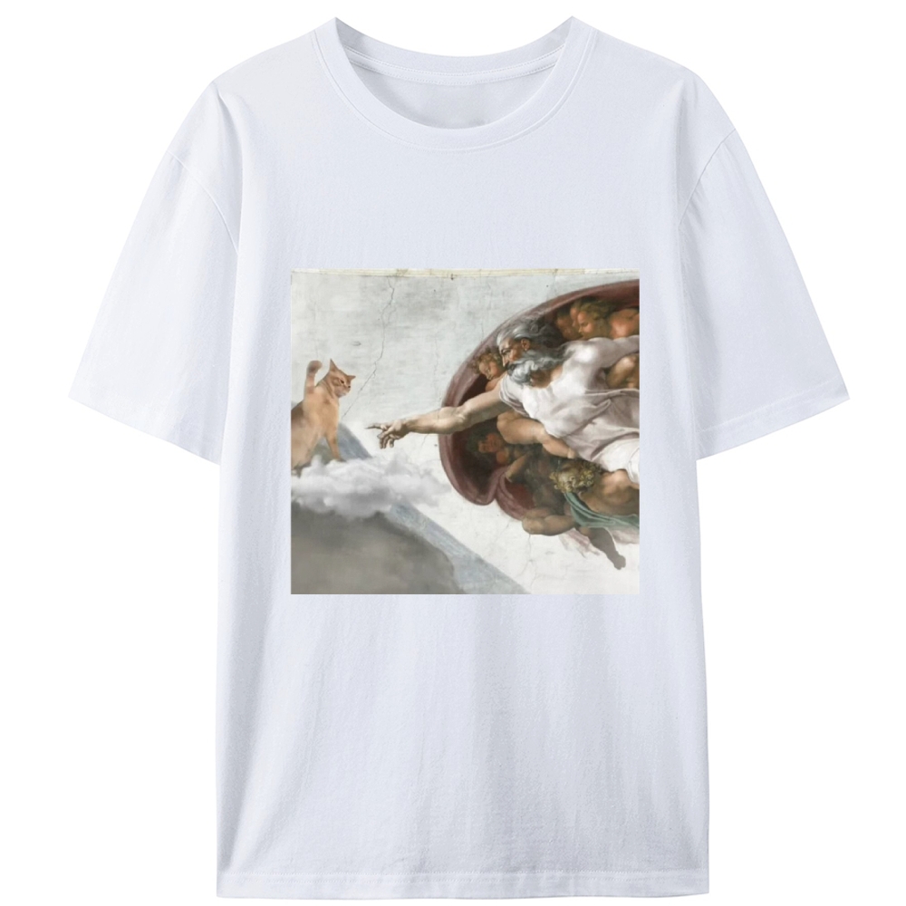 Cat Parody of "The Creation of Adam" Art Retro Designed for Women - Slim Fit Cotton Tee