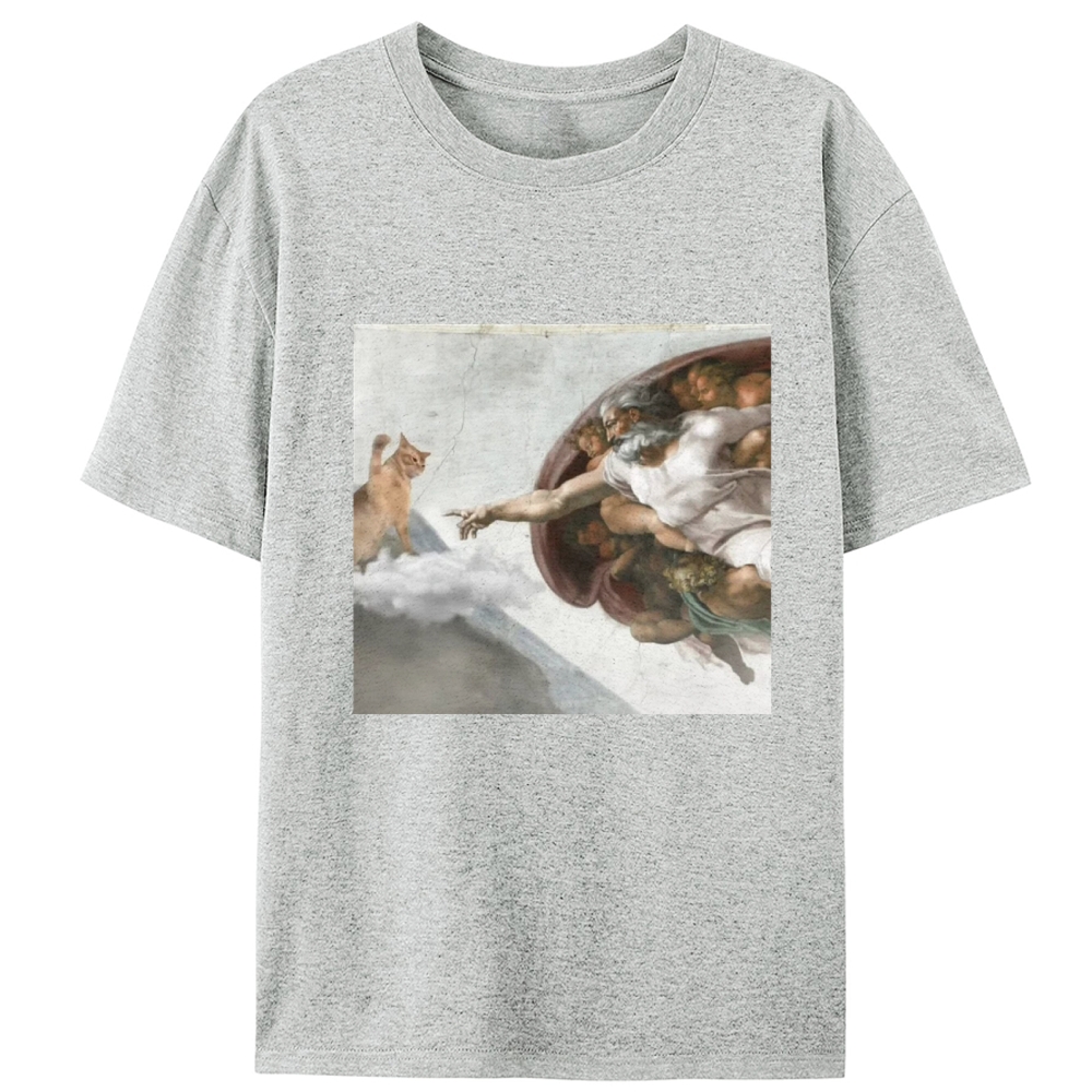 Cat Parody of "The Creation of Adam" Art Retro Designed for Women - Slim Fit Cotton Tee