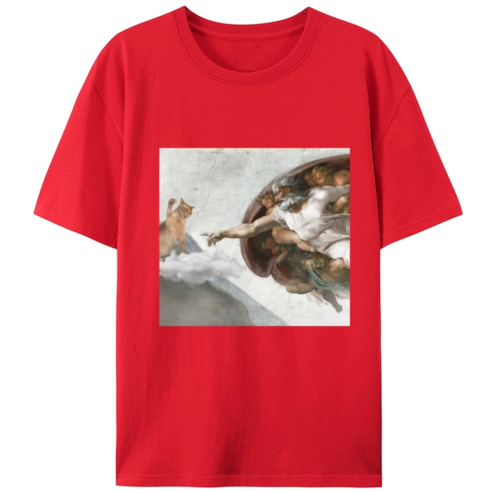 Cat Parody of "The Creation of Adam" Art Retro Designed for Women - Slim Fit Cotton Tee