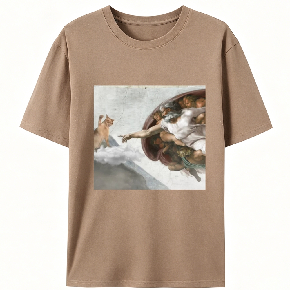Cat Parody of "The Creation of Adam" Art Retro Designed for Women - Slim Fit Cotton Tee