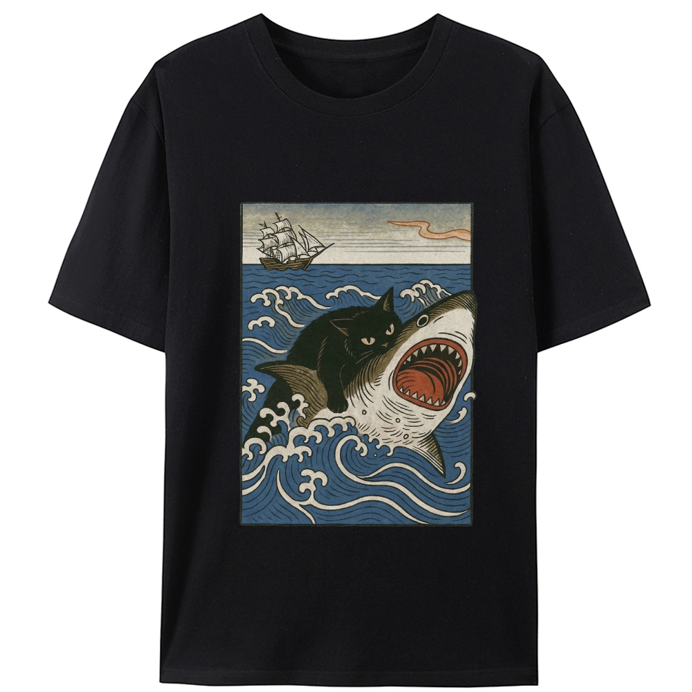 Ukiyo-e Cat Riding Shark Retro Designed for Women - Slim Fit Cotton Tee