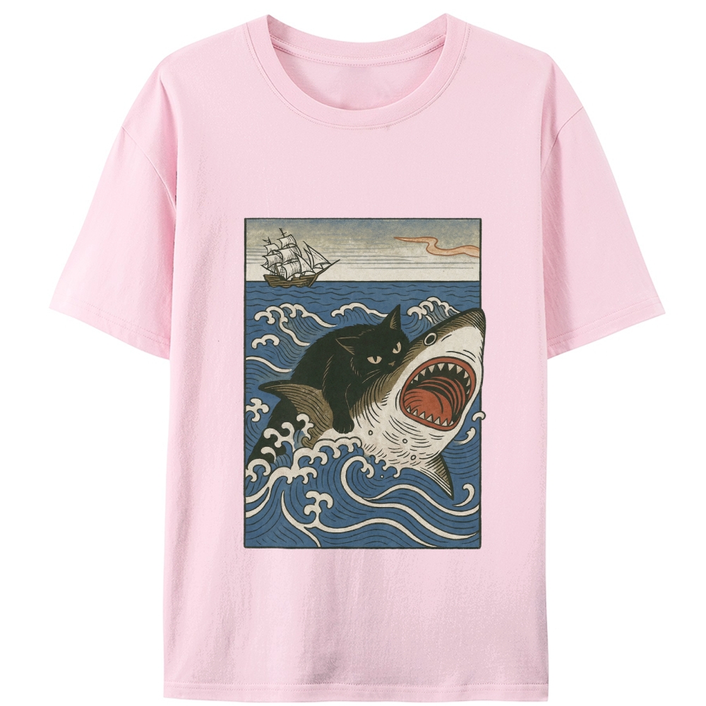 Ukiyo-e Cat Riding Shark Retro Designed for Women - Slim Fit Cotton Tee