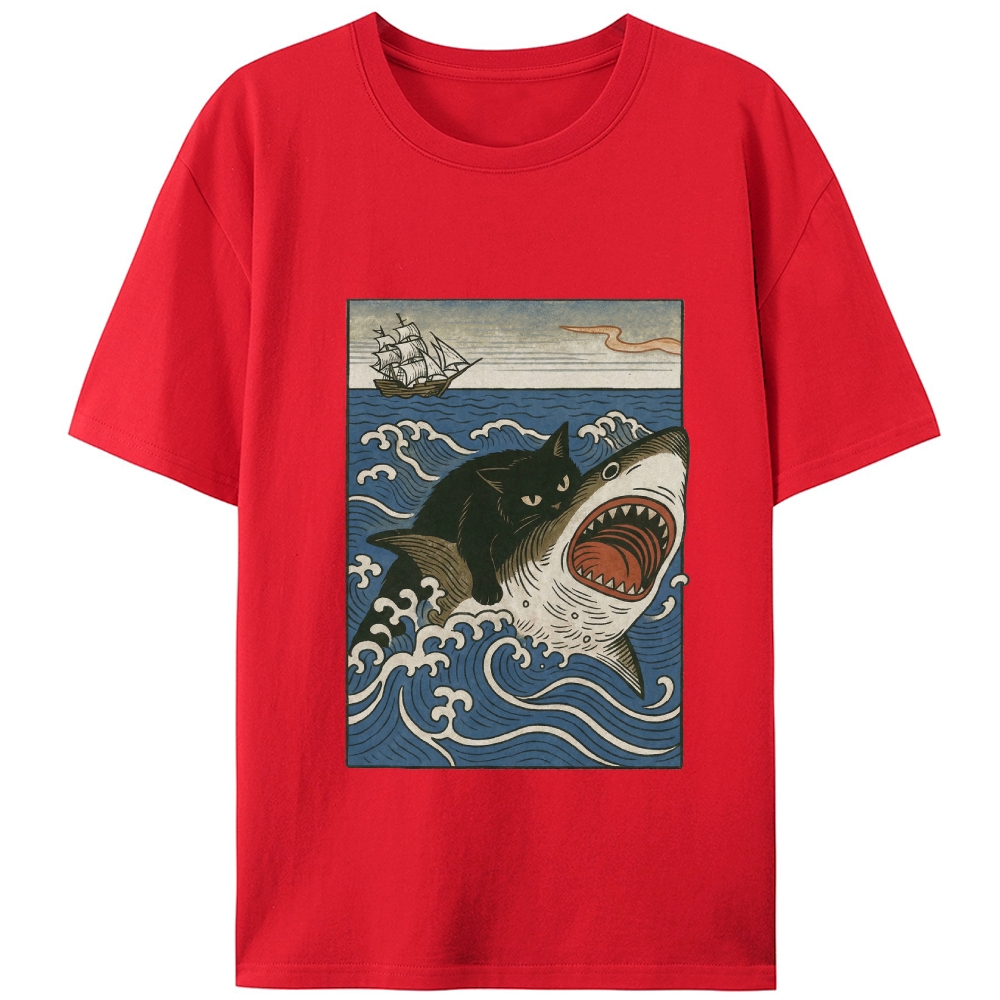 Ukiyo-e Cat Riding Shark Retro Designed for Women - Slim Fit Cotton Tee