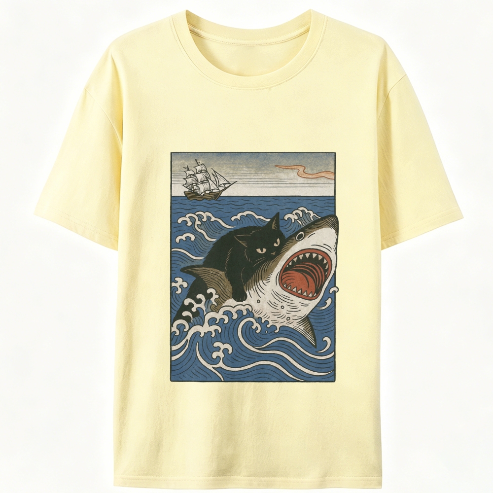 Ukiyo-e Cat Riding Shark Retro Designed for Women - Slim Fit Cotton Tee