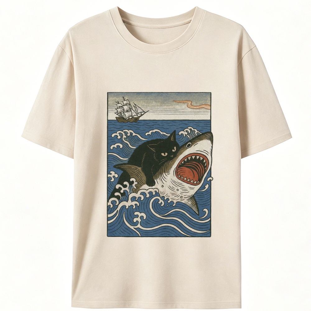 Ukiyo-e Cat Riding Shark Retro Designed for Women - Slim Fit Cotton Tee