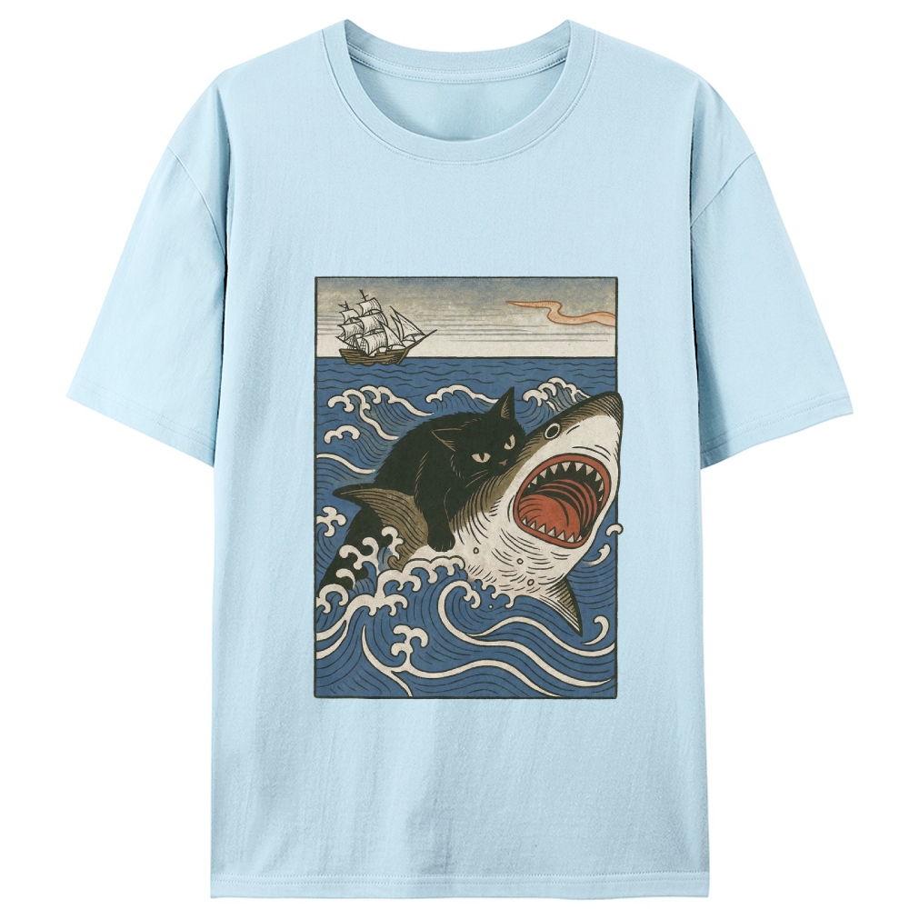 Ukiyo-e Cat Riding Shark Retro Designed for Women - Slim Fit Cotton Tee