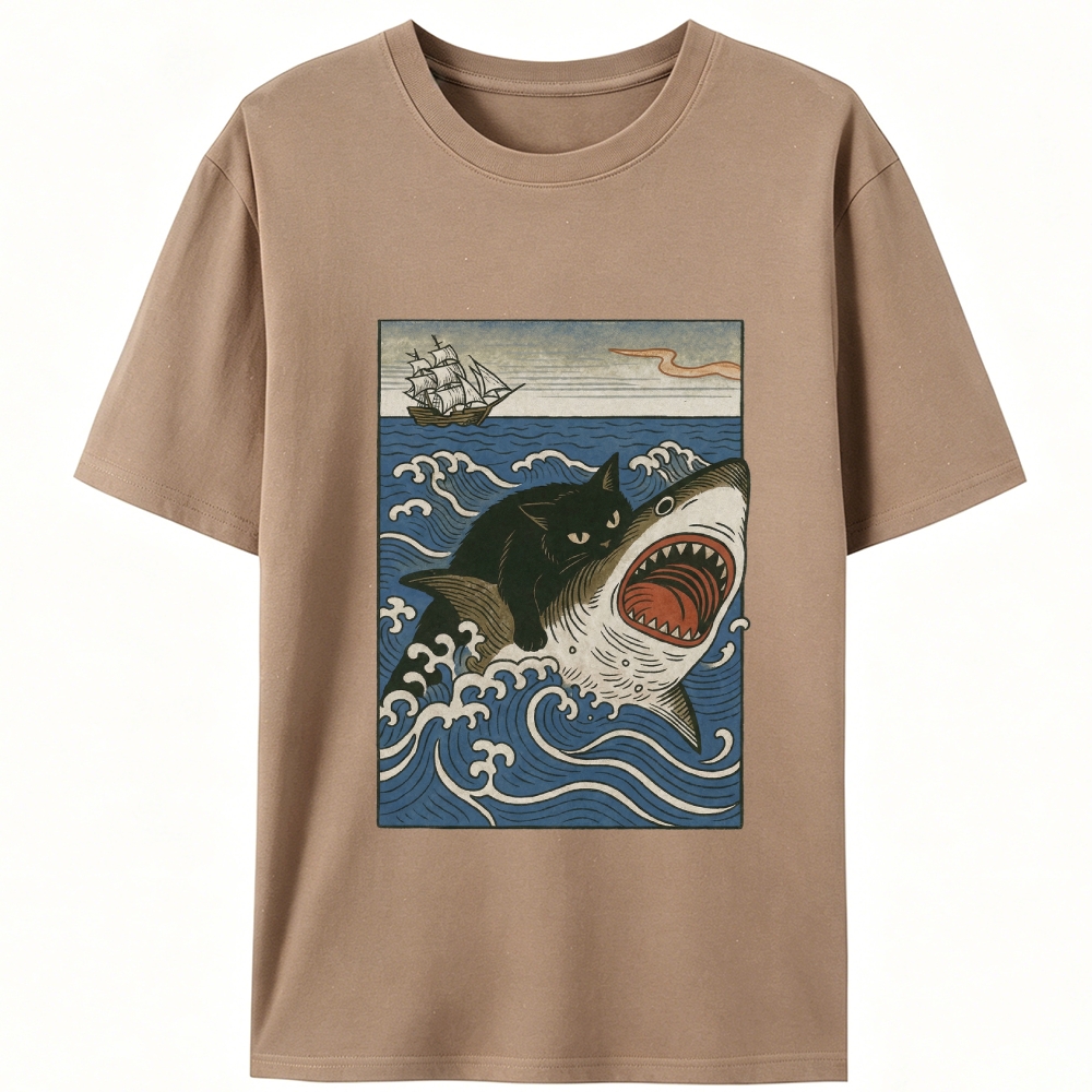 Ukiyo-e Cat Riding Shark Retro Designed for Women - Slim Fit Cotton Tee
