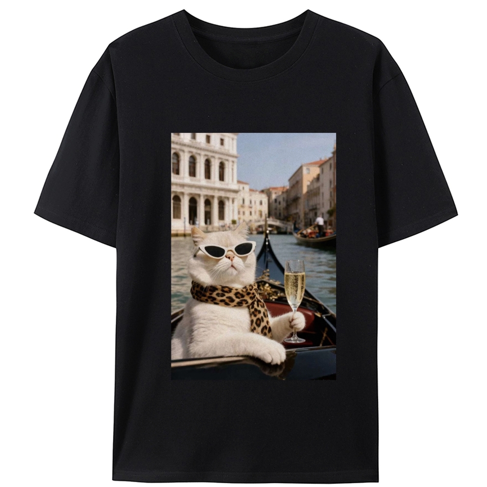 Bunny Venice Cat with Champagne Retro Designed for Women - Slim Fit Cotton Tee