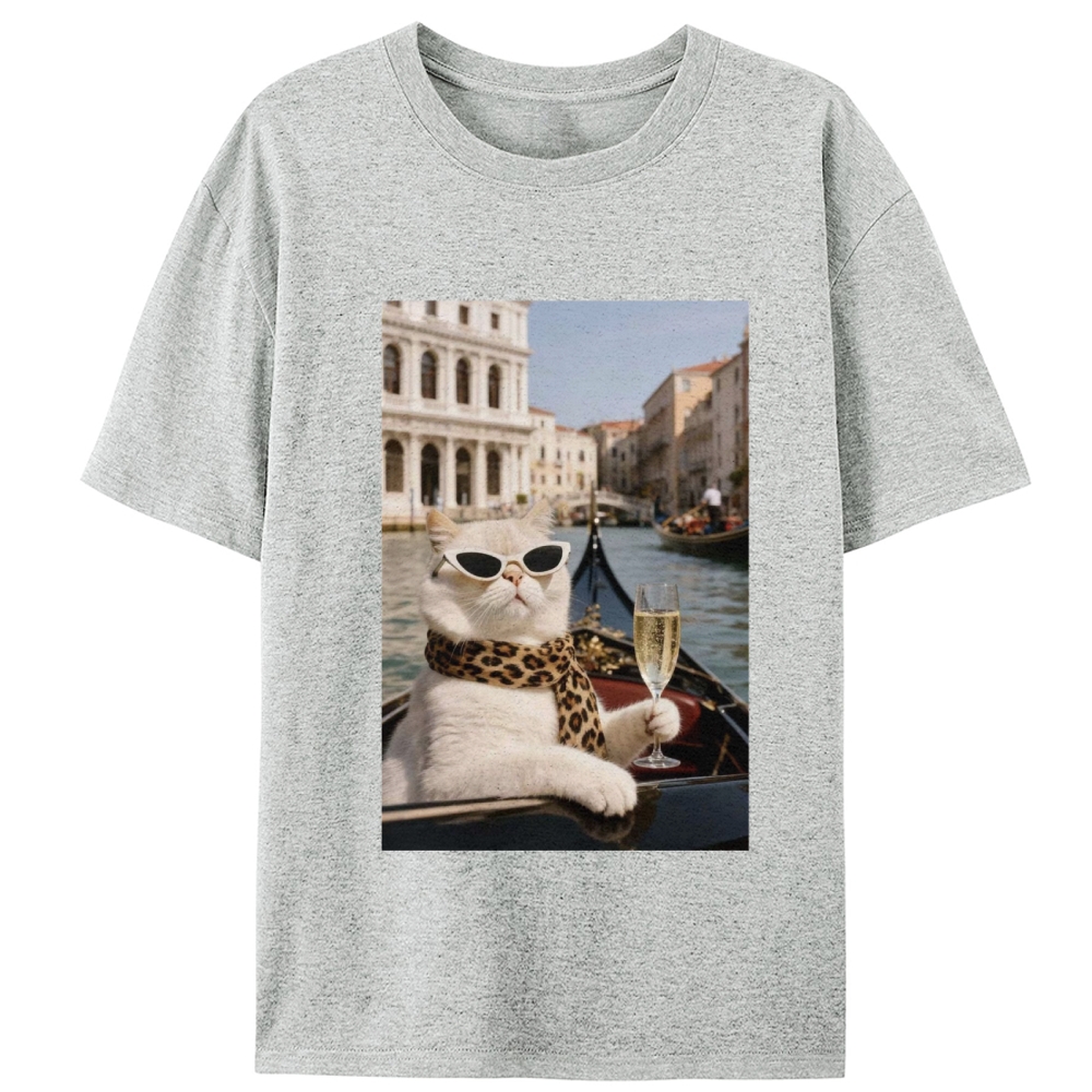 Bunny Venice Cat with Champagne Retro Designed for Women - Slim Fit Cotton Tee