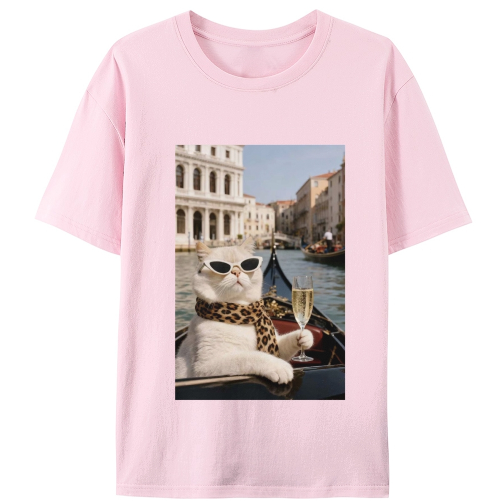 Bunny Venice Cat with Champagne Retro Designed for Women - Slim Fit Cotton Tee
