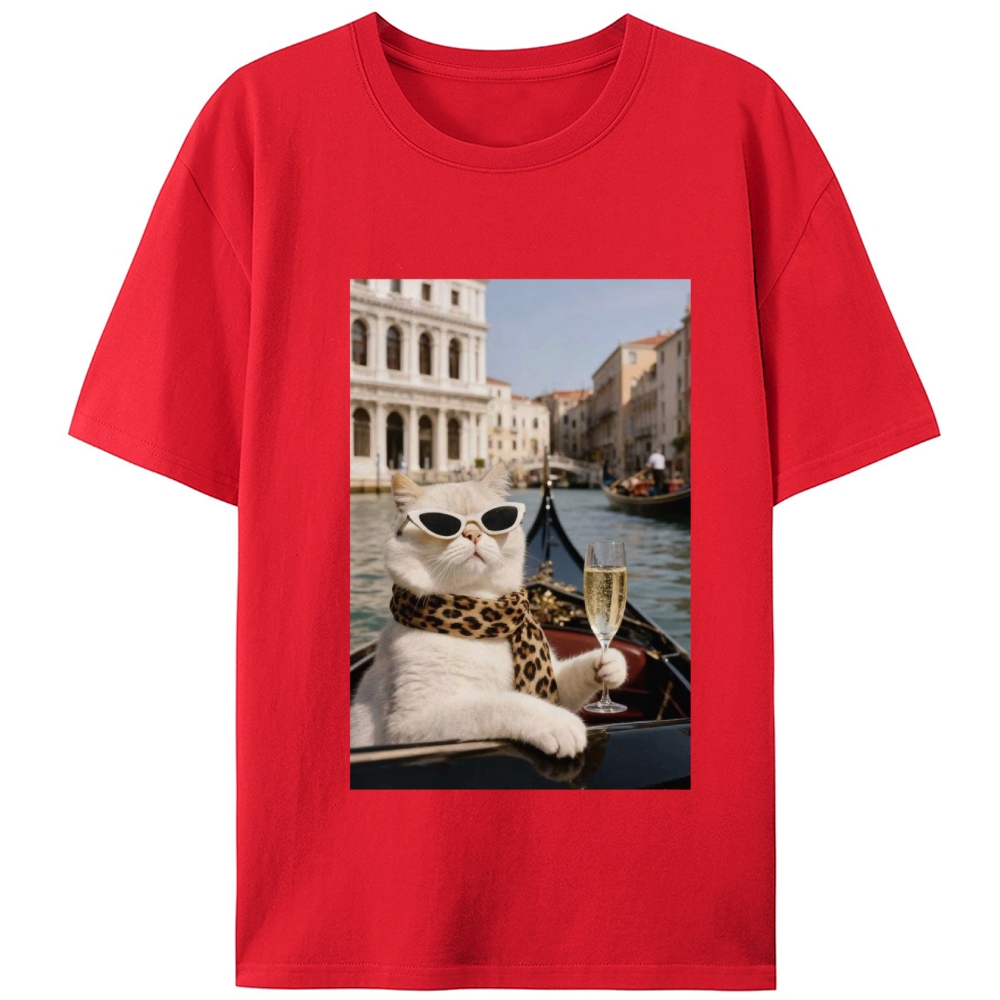 Bunny Venice Cat with Champagne Retro Designed for Women - Slim Fit Cotton Tee