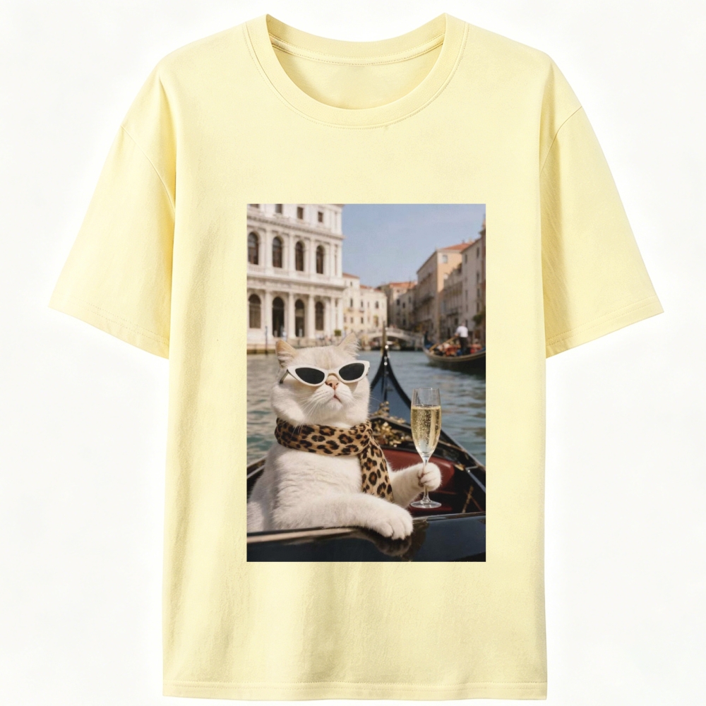 Bunny Venice Cat with Champagne Retro Designed for Women - Slim Fit Cotton Tee