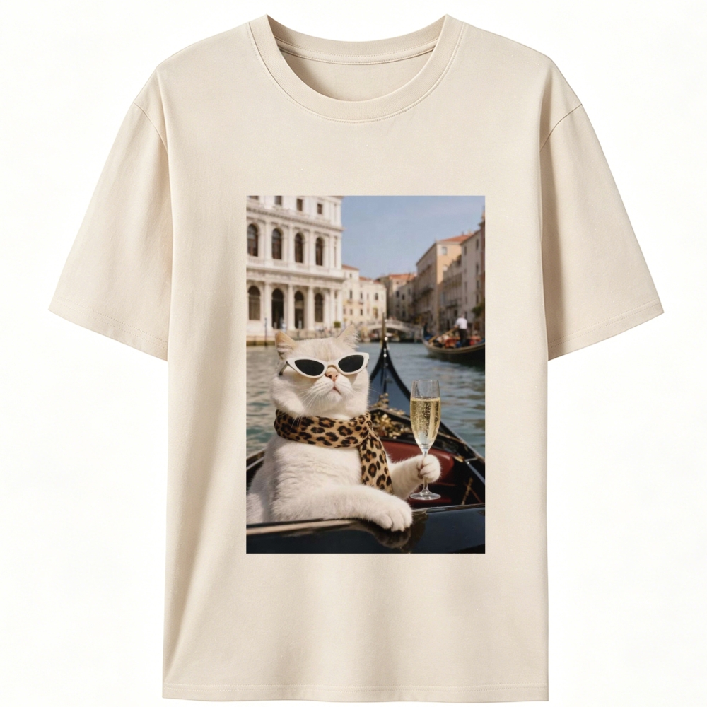 Bunny Venice Cat with Champagne Retro Designed for Women - Slim Fit Cotton Tee