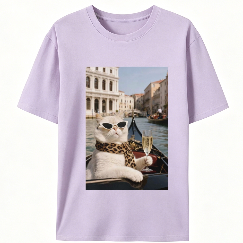 Bunny Venice Cat with Champagne Retro Designed for Women - Slim Fit Cotton Tee