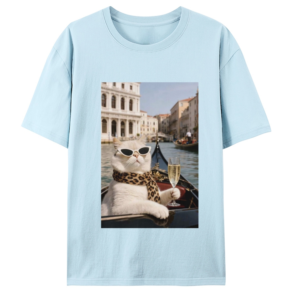 Bunny Venice Cat with Champagne Retro Designed for Women - Slim Fit Cotton Tee