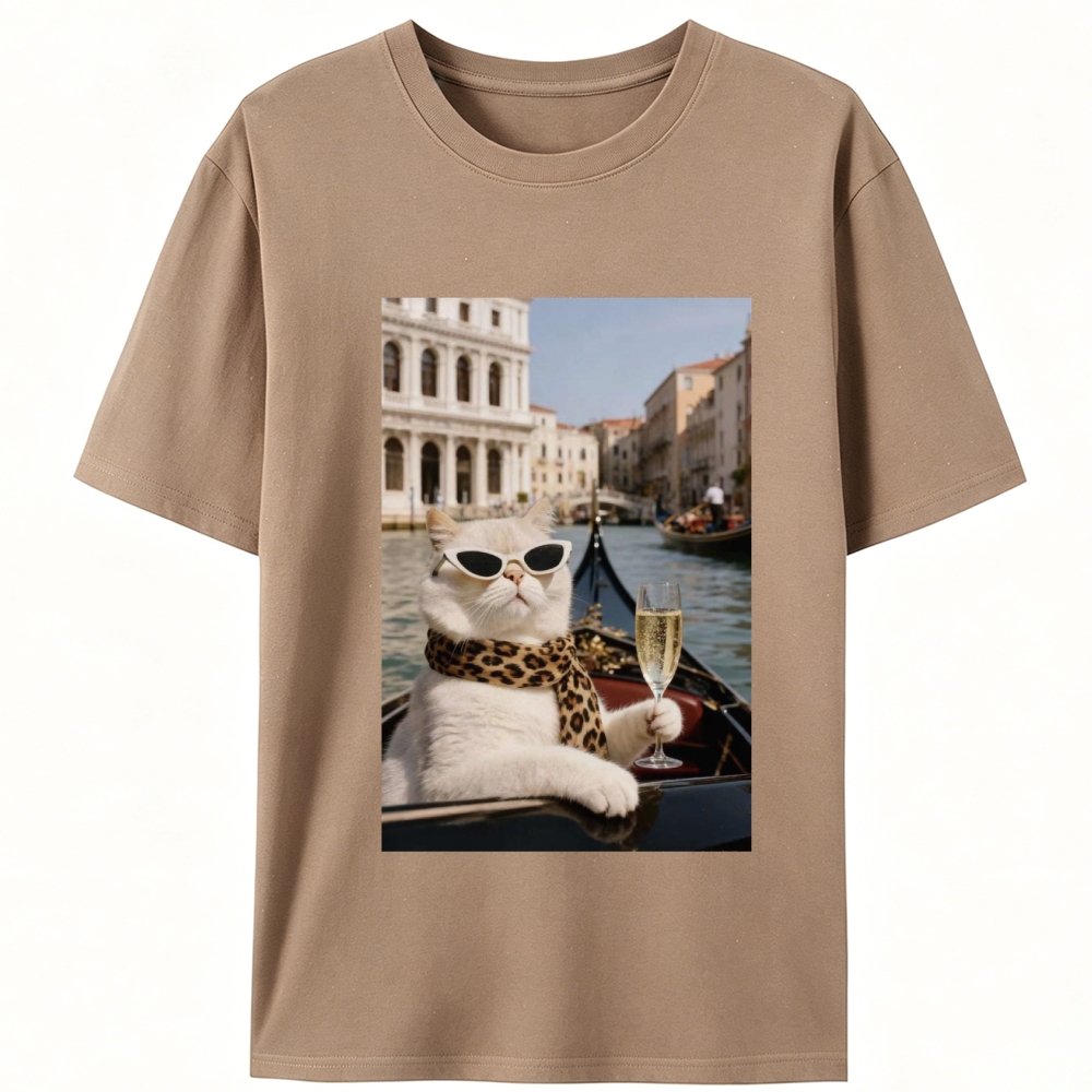 Bunny Venice Cat with Champagne Retro Designed for Women - Slim Fit Cotton Tee