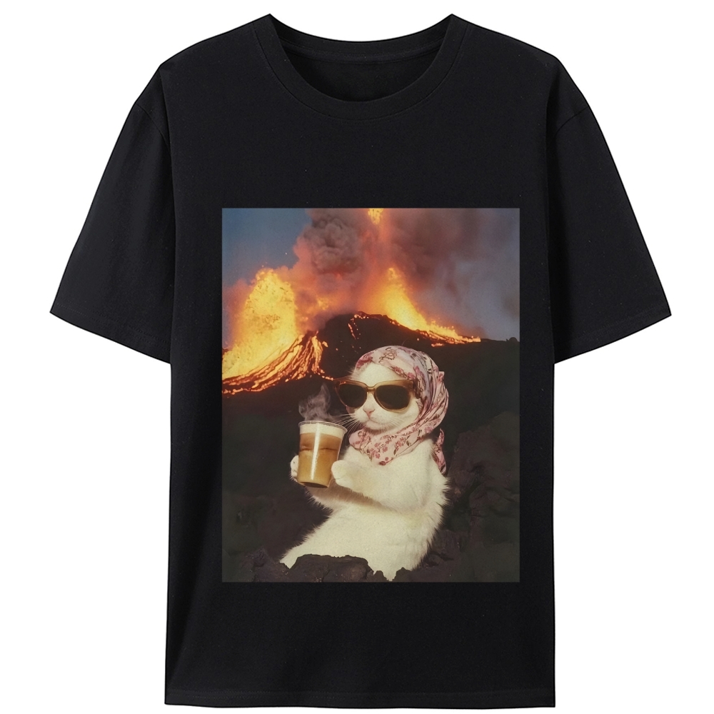 Volcano Coffee Cat Meme Retro Designed for Women - Slim Fit Cotton Tee
