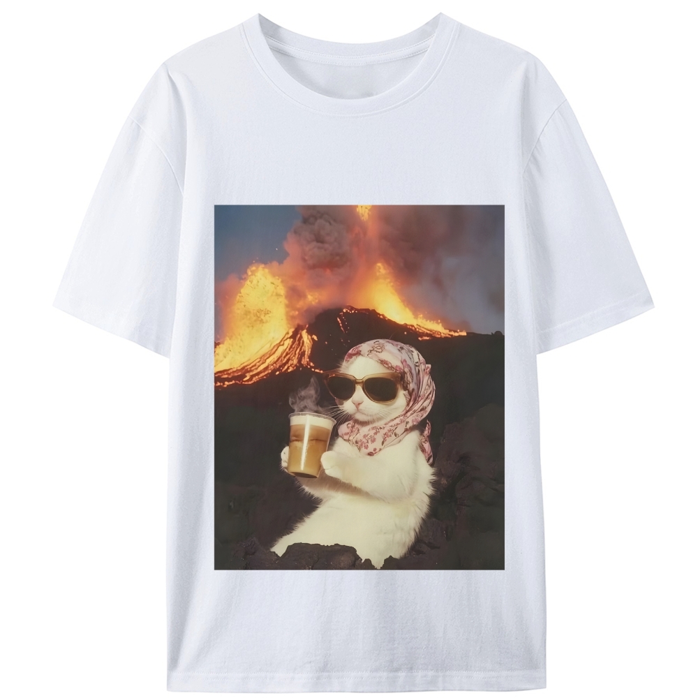 Volcano Coffee Cat Meme Retro Designed for Women - Slim Fit Cotton Tee