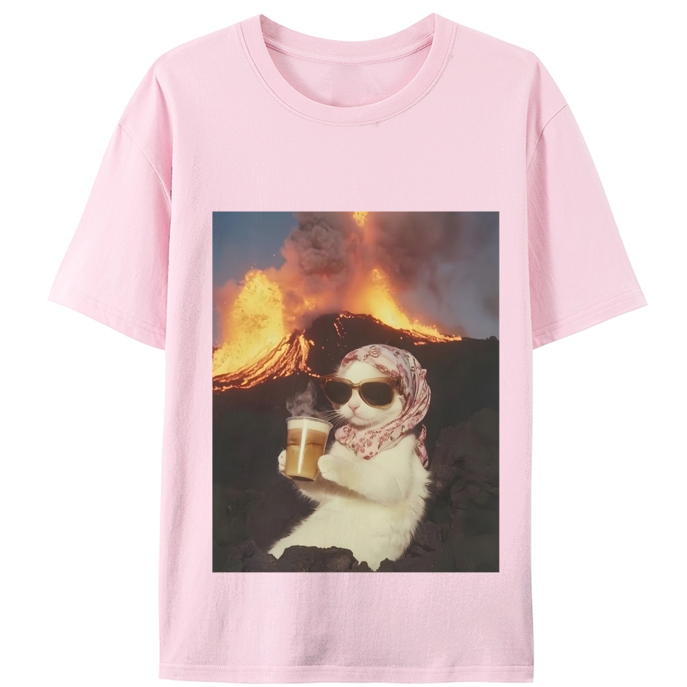 Volcano Coffee Cat Meme Retro Designed for Women - Slim Fit Cotton Tee
