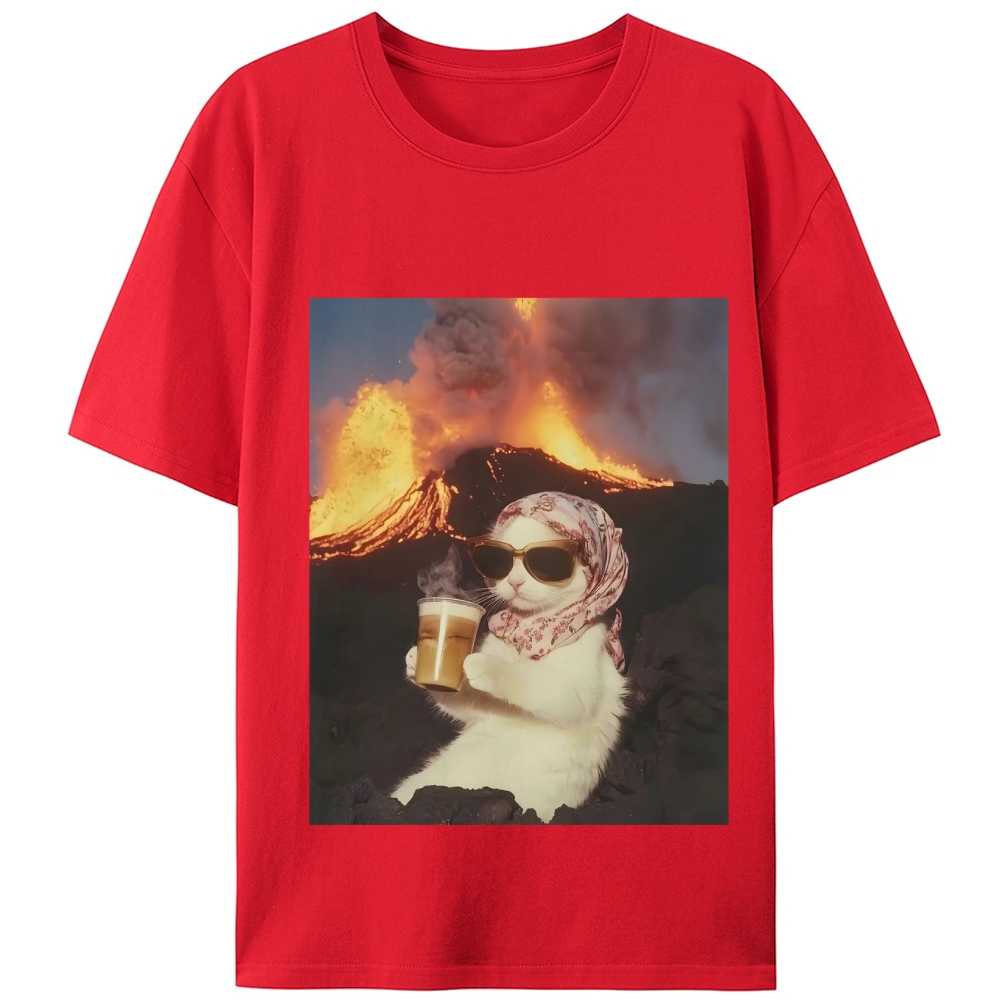 Volcano Coffee Cat Meme Retro Designed for Women - Slim Fit Cotton Tee