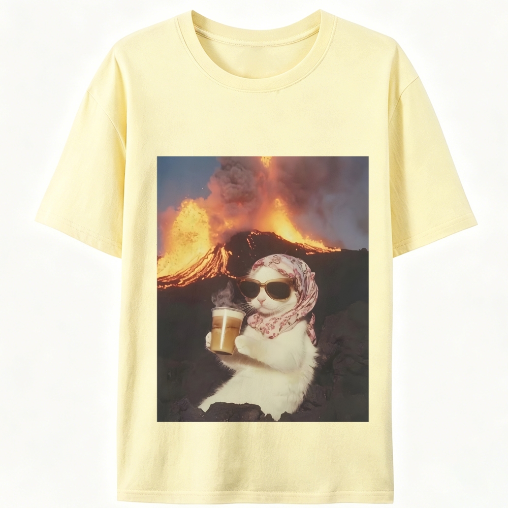 Volcano Coffee Cat Meme Retro Designed for Women - Slim Fit Cotton Tee