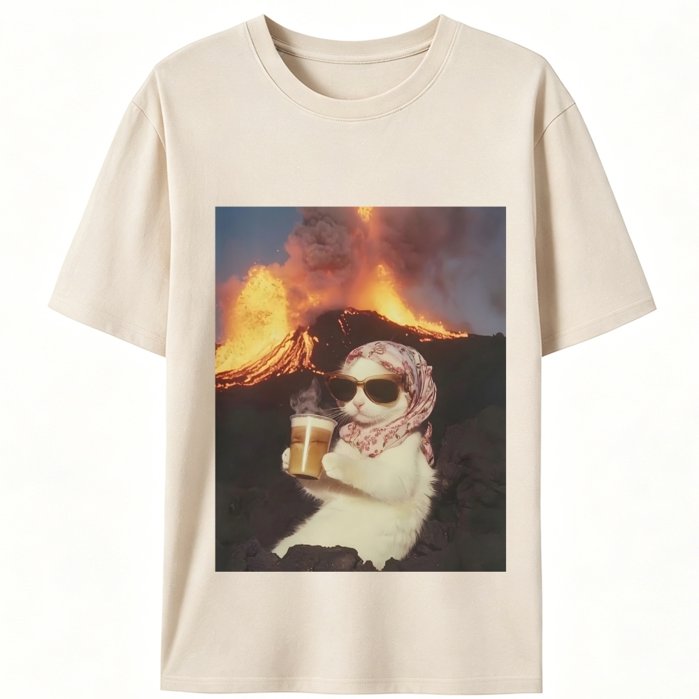 Volcano Coffee Cat Meme Retro Designed for Women - Slim Fit Cotton Tee