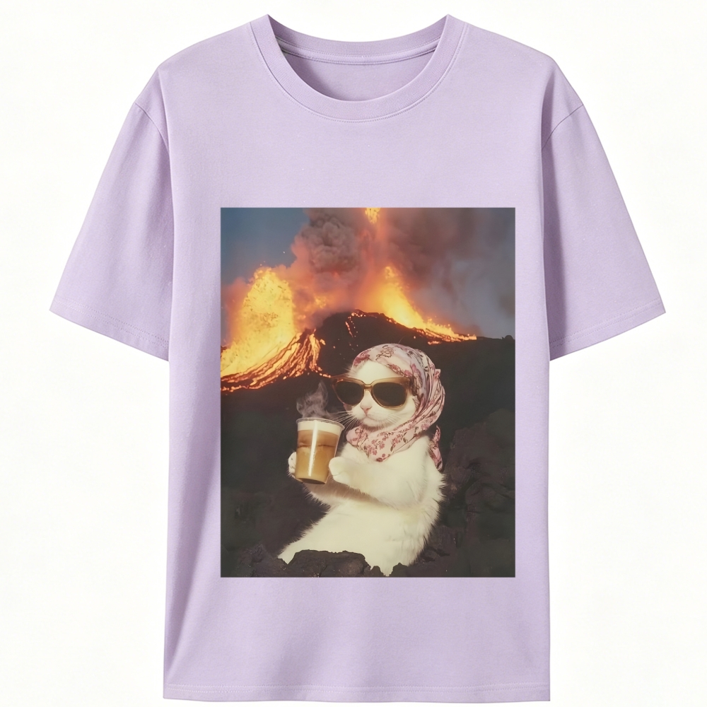 Volcano Coffee Cat Meme Retro Designed for Women - Slim Fit Cotton Tee