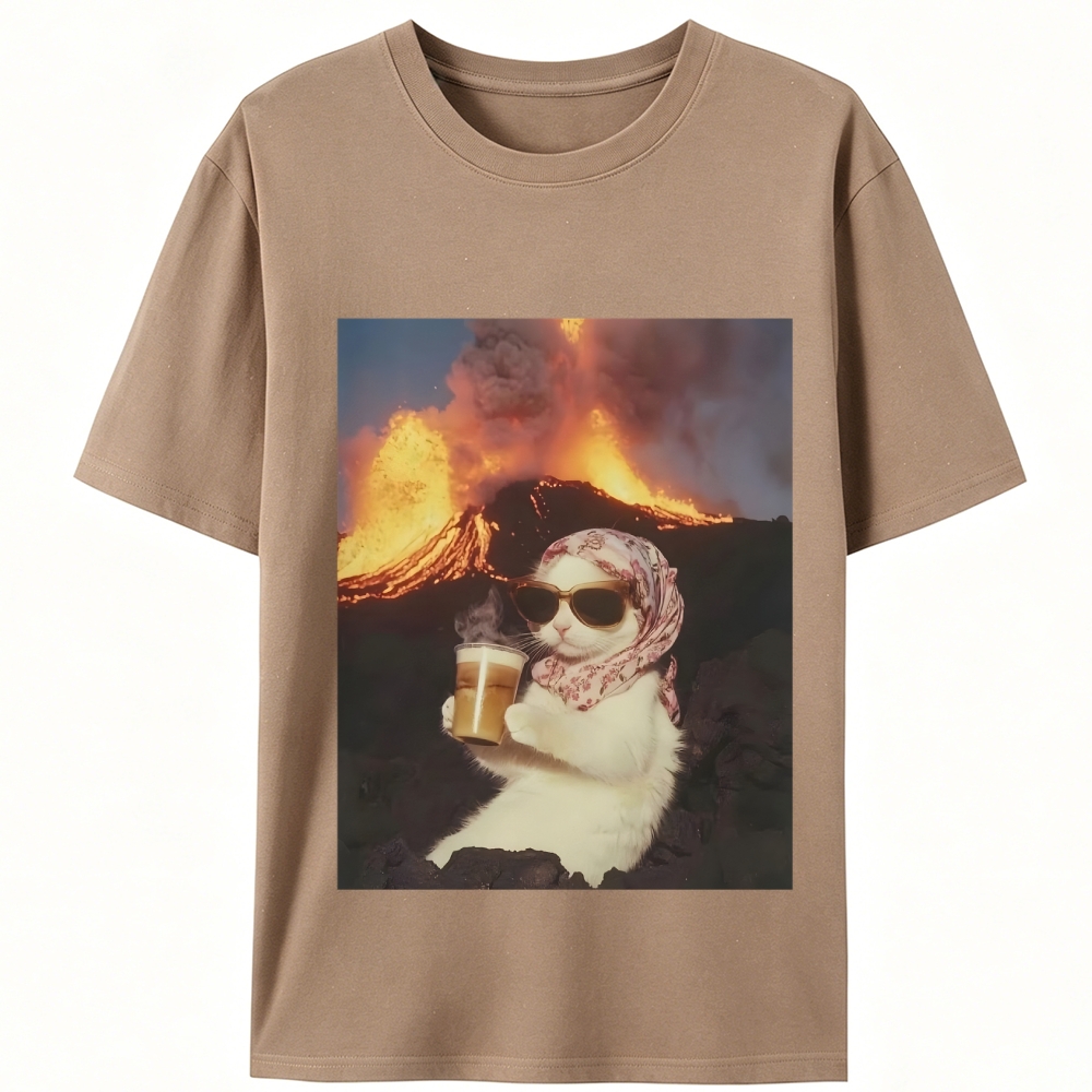 Volcano Coffee Cat Meme Retro Designed for Women - Slim Fit Cotton Tee
